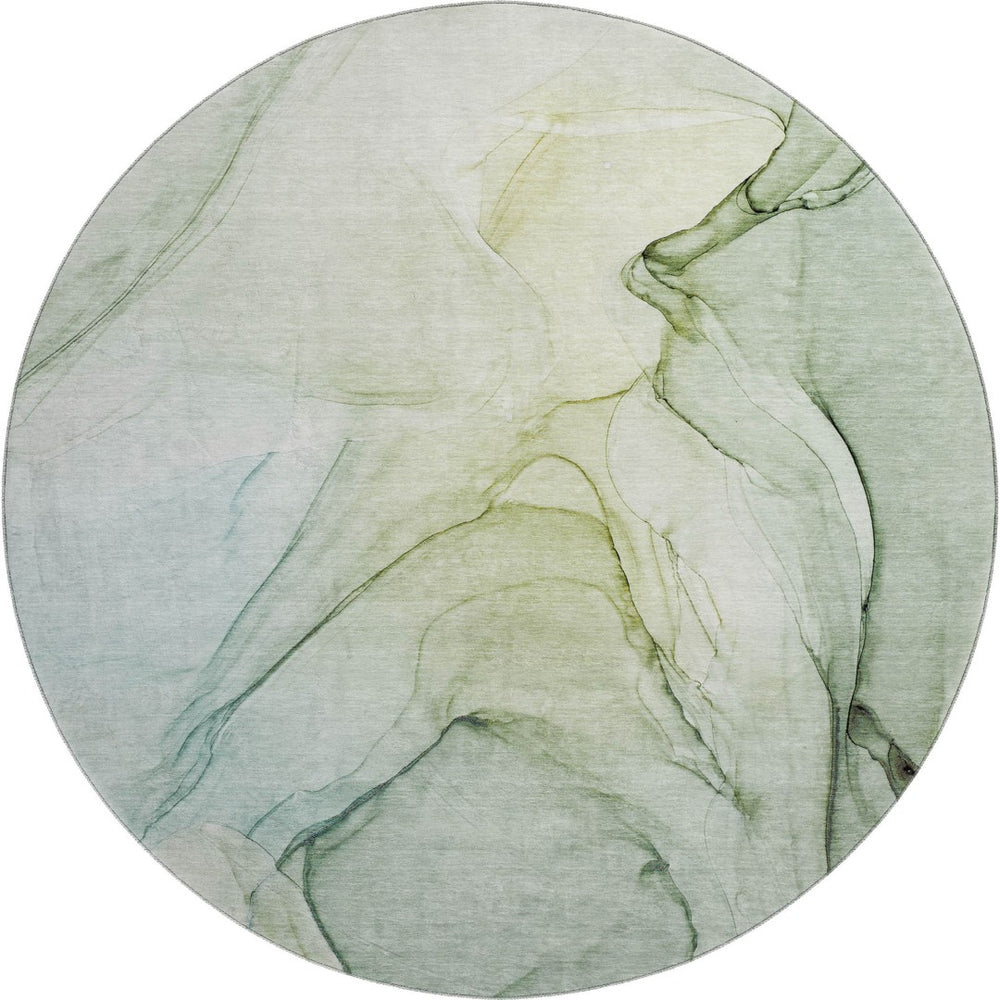 HomeRoots 8' Green and Ivory Abstract Washable Round Rug - Durable, UV-Protected, Stylish for Indoor & Outdoor Use 646629