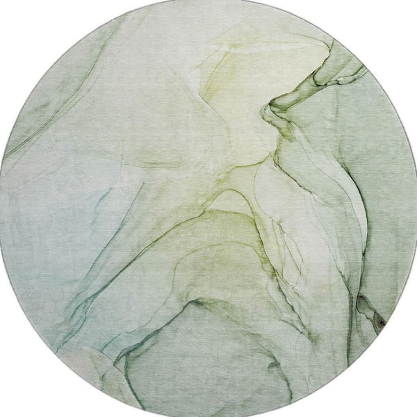 HomeRoots 8' Green and Ivory Abstract Washable Round Rug - Durable, UV-Protected, Stylish for Indoor & Outdoor Use 646629