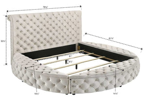 English Elm Luxurious Round Queen Bed with Velvet Tufted Headboard, Studded Accents and Hidden Storage Space Ivory 54.75 L x 79.5 W x 8.25 H B011S01646