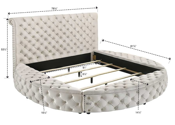 English Elm Luxurious Round Queen Bed with Velvet Tufted Headboard, Studded Accents and Hidden Storage Space Ivory 54.75 L x 79.5 W x 8.25 H B011S01646