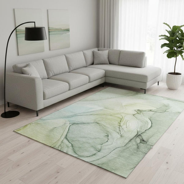 HomeRoots 8' X 10' Washable Area Rug in Green and Ivory - Durable, UV-Protected, Modern Abstract Design for Homes 646630
