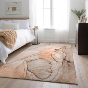 HomeRoots 5' X 8' Vibrant Orange and Ivory Abstract Washable Area Rug with UV Protection for Modern Homes 646634