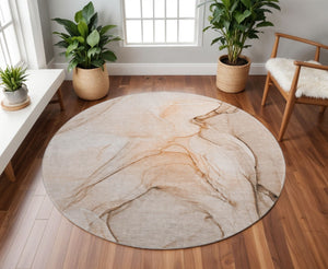 HomeRoots 8' Vibrant Orange and Ivory Abstract Round Rug - Durable, Washable with UV Protection for Any Space 646635