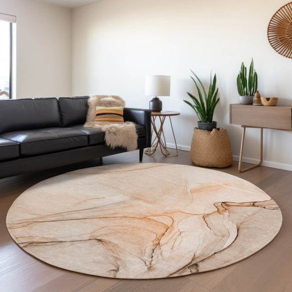 HomeRoots 8' Vibrant Orange and Ivory Abstract Round Rug - Durable, Washable with UV Protection for Any Space 646635