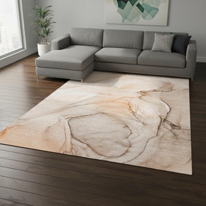 HomeRoots 9' X 12' Vibrant Orange & Ivory Abstract Washable Area Rug with UV Protection for High-Traffic Areas 646637