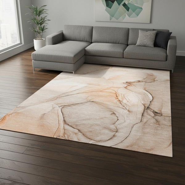 HomeRoots 9' X 12' Vibrant Orange & Ivory Abstract Washable Area Rug with UV Protection for High-Traffic Areas 646637