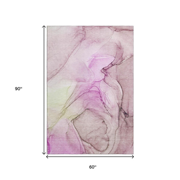 HomeRoots 5' X 8' Pink and Ivory Abstract Area Rug - Washable, UV-Protected, Stylish & Durable for Any Space 646640