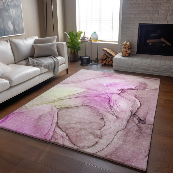 HomeRoots 5' X 8' Pink and Ivory Abstract Area Rug - Washable, UV-Protected, Stylish & Durable for Any Space 646640