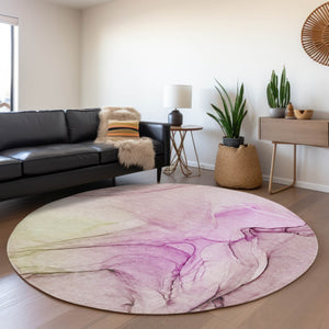 HomeRoots 8' Pink And Ivory Abstract Washable Round Rug - Stylish, Durable, UV-Protected for Modern Homes 646641