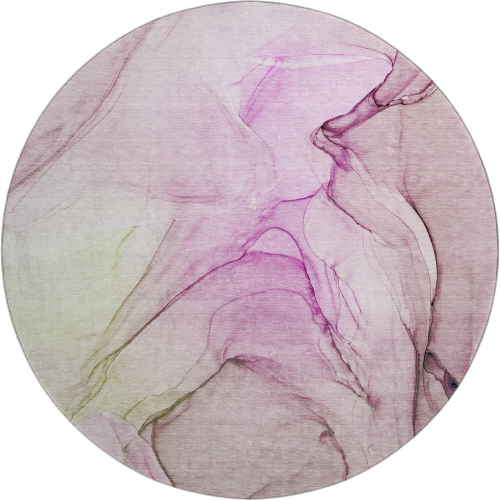 HomeRoots 8' Pink And Ivory Abstract Washable Round Rug - Stylish, Durable, UV-Protected for Modern Homes 646641