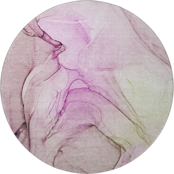 HomeRoots 8' Pink And Ivory Abstract Washable Round Rug - Stylish, Durable, UV-Protected for Modern Homes 646641