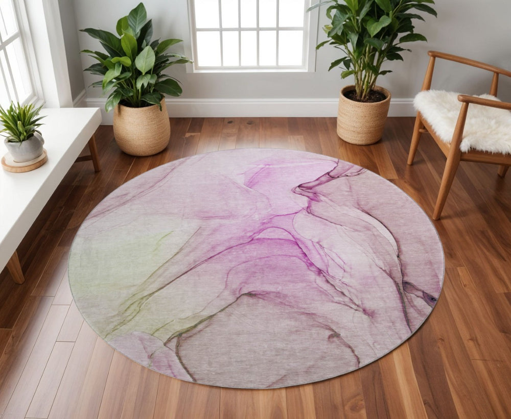 HomeRoots 8' Pink And Ivory Abstract Washable Round Rug - Stylish, Durable, UV-Protected for Modern Homes 646641