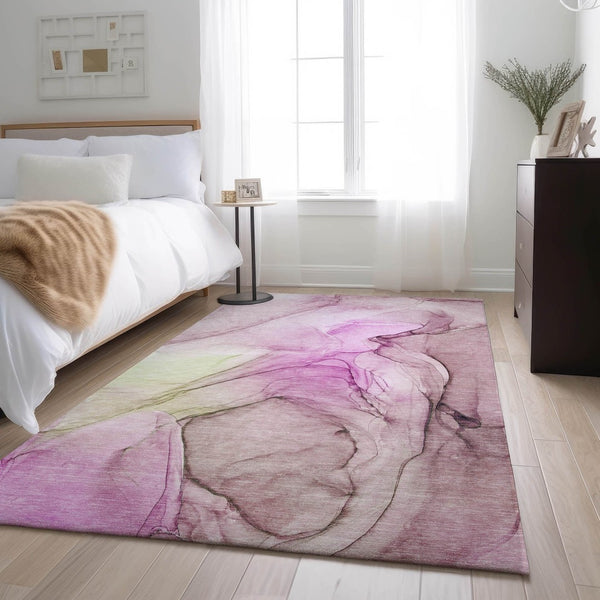 HomeRoots 8' X 10' Pink And Ivory Abstract Washable Area Rug – Soft, Stain-Resistant, UV-Protected for Easy Care 646642