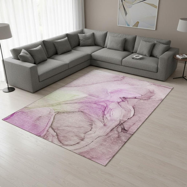 HomeRoots 9' X 12' Pink And Ivory Abstract Area Rug - Washable, UV-Protected, Soft, Stain-Resistant Design! 646643