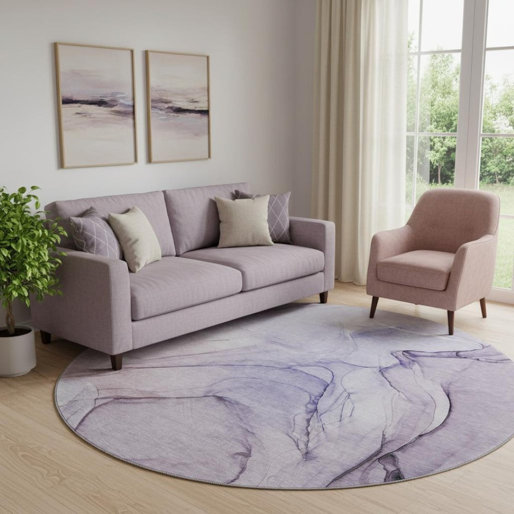HomeRoots 8' Modern Purple and Ivory Abstract Washable Round Rug with UV Protection for High-Traffic Areas 646647