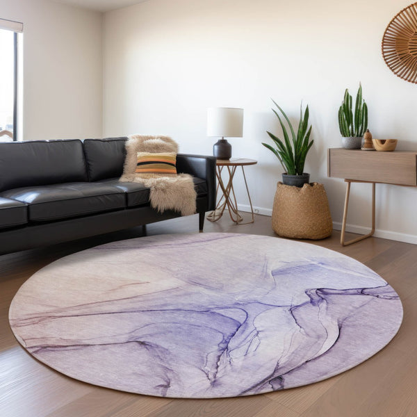 HomeRoots 8' Modern Purple and Ivory Abstract Washable Round Rug with UV Protection for High-Traffic Areas 646647