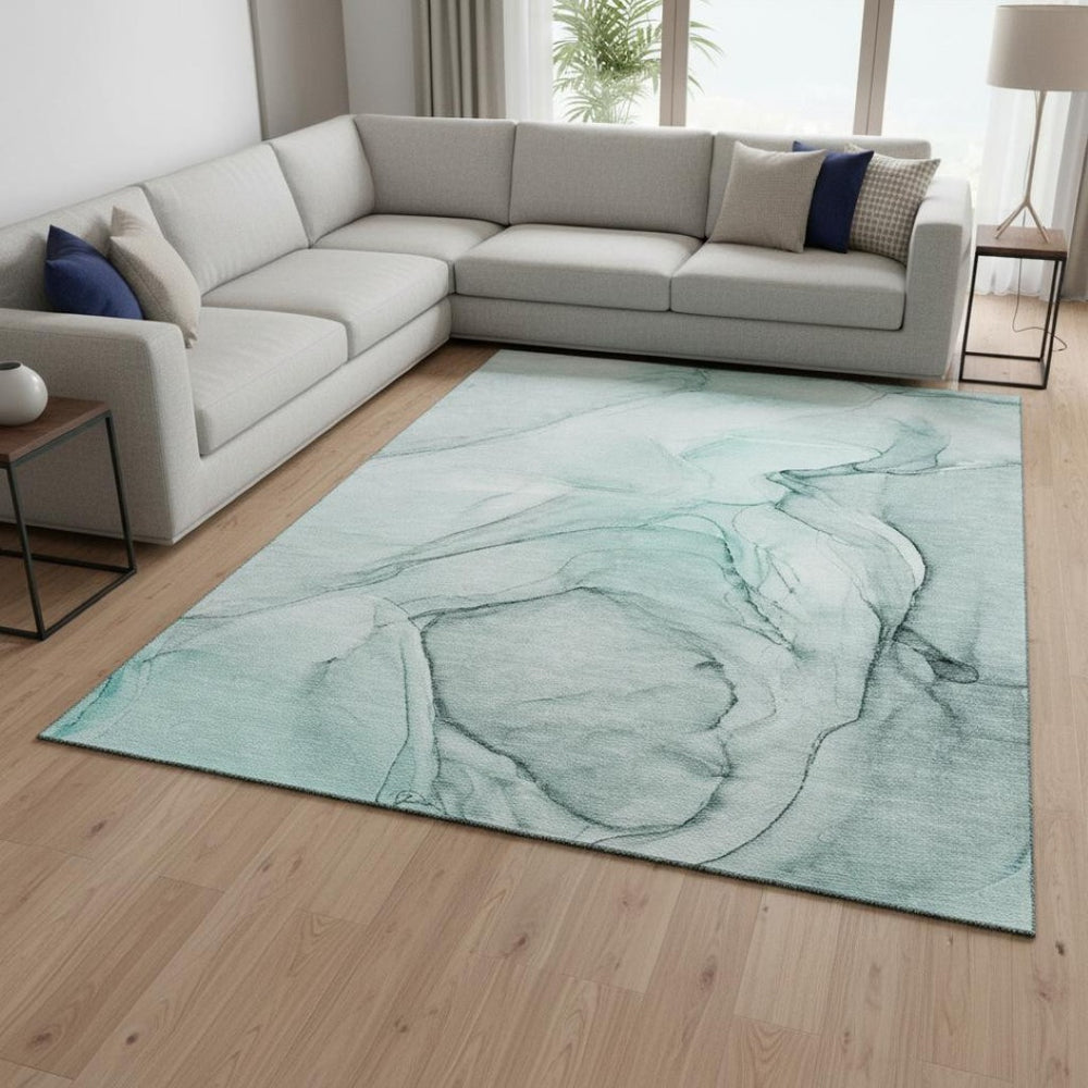 HomeRoots 8' X 10' Teal and Ivory Abstract Washable Area Rug with UV Protection for Busy Homes and Pets 646654