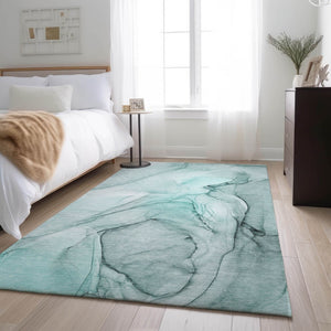 HomeRoots 9' X 12' Teal & Ivory Abstract Area Rug – Washable, UV Protected, Perfect for Homes with Kids & Pets! 646655