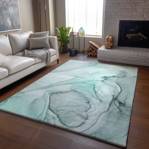 HomeRoots 9' X 12' Teal & Ivory Abstract Area Rug – Washable, UV Protected, Perfect for Homes with Kids & Pets! 646655