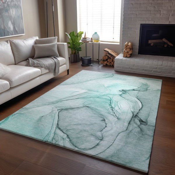 HomeRoots 9' X 12' Teal & Ivory Abstract Area Rug – Washable, UV Protected, Perfect for Homes with Kids & Pets! 646655