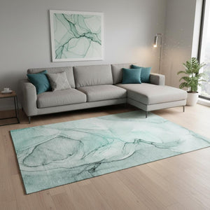 HomeRoots 9' X 12' Teal & Ivory Abstract Area Rug – Washable, UV Protected, Perfect for Homes with Kids & Pets! 646655