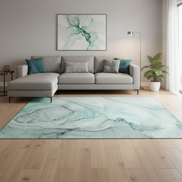 HomeRoots 10' X 14' Teal and Ivory Abstract Area Rug - Washable, UV-Protected, Stain-Resistant Design for Homes 646656