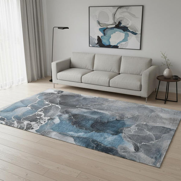 HomeRoots 5' X 8' Blue and Charcoal Abstract Area Rug - Stylish, Washable, UV-Protected for High-Traffic Spaces 646658