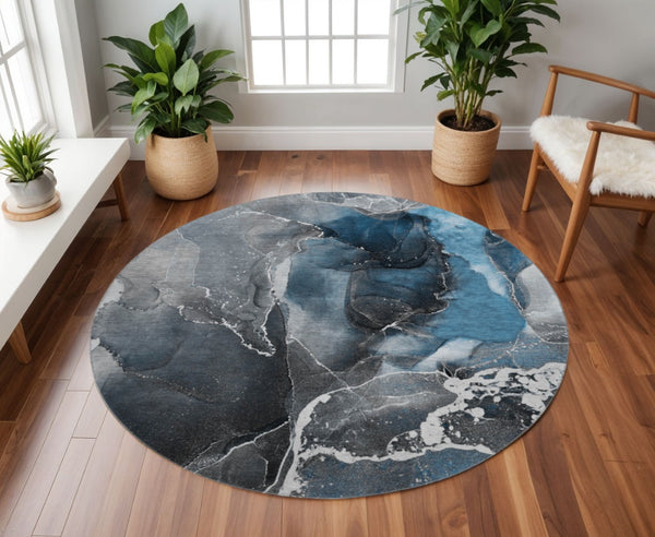 HomeRoots 8' Blue and Charcoal Abstract Washable Round Rug - Stylish, Durable, UV-Protected for High-Traffic Areas 646659