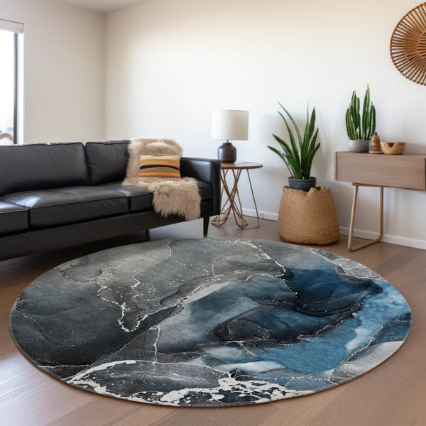 HomeRoots 8' Blue and Charcoal Abstract Washable Round Rug - Stylish, Durable, UV-Protected for High-Traffic Areas 646659