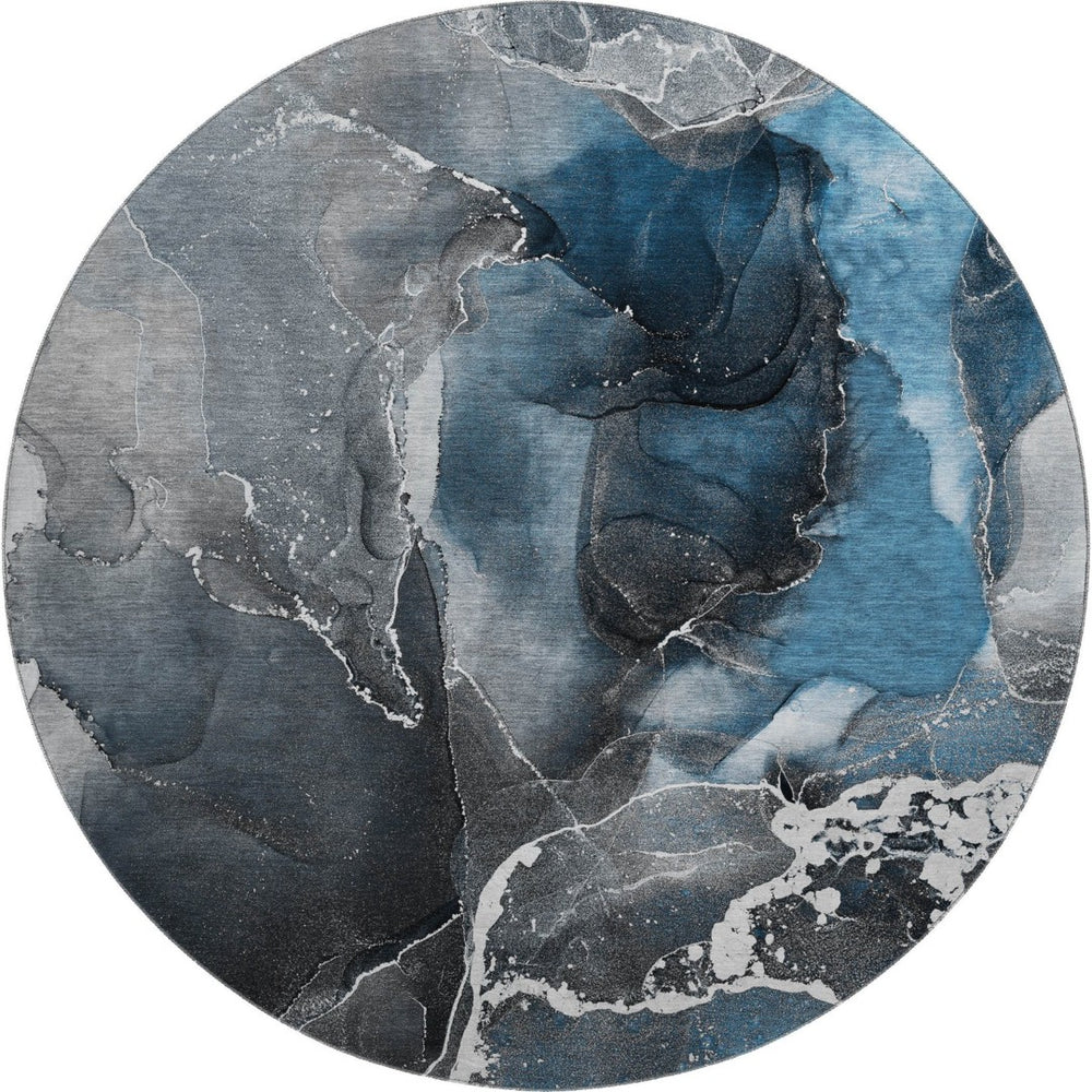 HomeRoots 8' Blue and Charcoal Abstract Washable Round Rug - Stylish, Durable, UV-Protected for High-Traffic Areas 646659