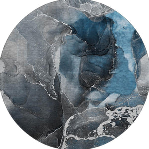 HomeRoots 8' Blue and Charcoal Abstract Washable Round Rug - Stylish, Durable, UV-Protected for High-Traffic Areas 646659