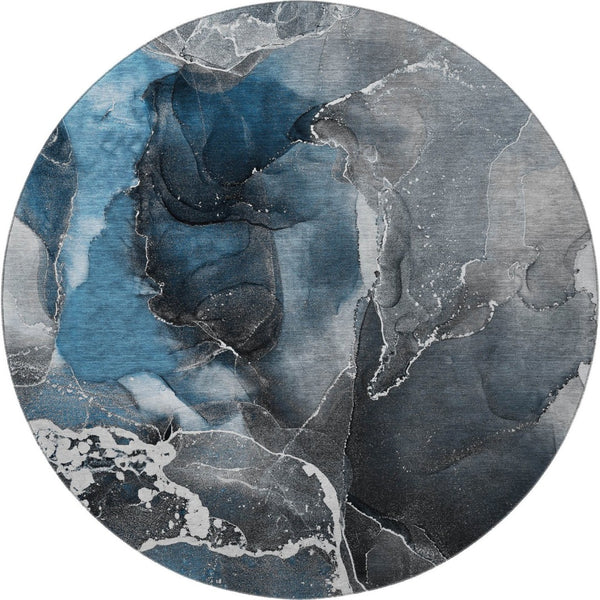 HomeRoots 8' Blue and Charcoal Abstract Washable Round Rug - Stylish, Durable, UV-Protected for High-Traffic Areas 646659