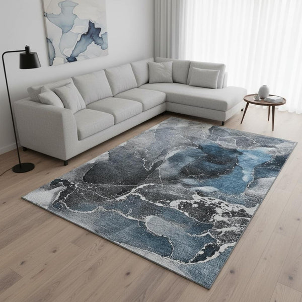 HomeRoots 8' X 10' Blue and Charcoal Modern Abstract Area Rug - Washable, UV-Protected, Durable, Stylish Design 646660