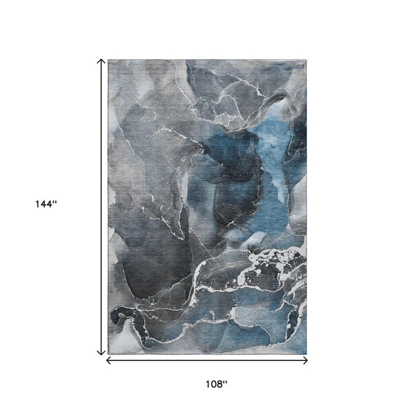 HomeRoots 9' X 12' Blue & Charcoal Abstract Washable Area Rug – Durable, Stylish & UV-Protected for Homes 646661