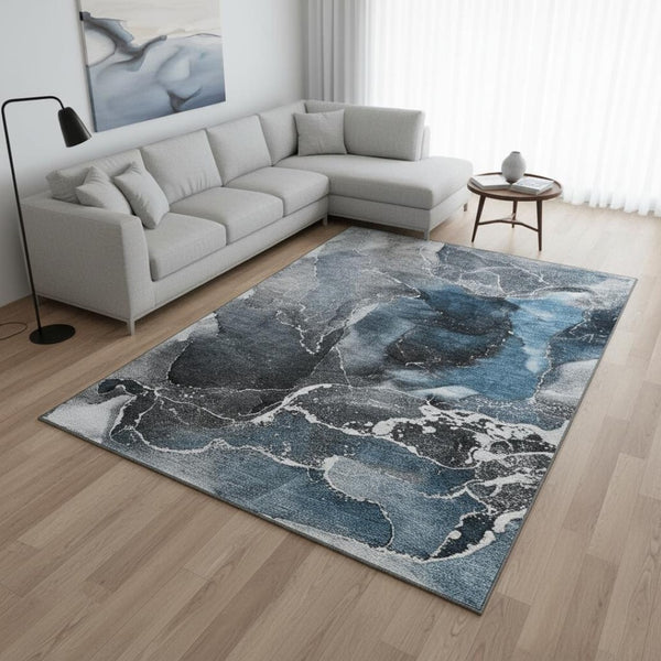 HomeRoots 9' X 12' Blue & Charcoal Abstract Washable Area Rug – Durable, Stylish & UV-Protected for Homes 646661