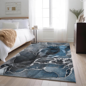 HomeRoots 9' X 12' Blue & Charcoal Abstract Washable Area Rug – Durable, Stylish & UV-Protected for Homes 646661