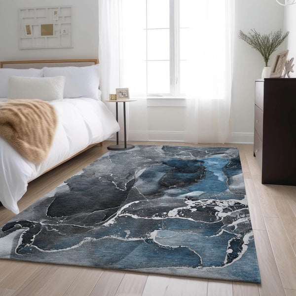 HomeRoots 9' X 12' Blue & Charcoal Abstract Washable Area Rug – Durable, Stylish & UV-Protected for Homes 646661