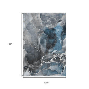 HomeRoots 10' X 14' Blue & Charcoal Abstract Washable Area Rug - UV Protected, Stylish & Durable for Homes 646662