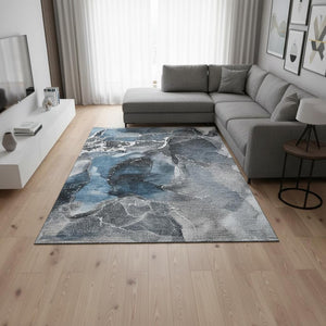 HomeRoots 10' X 14' Blue & Charcoal Abstract Washable Area Rug - UV Protected, Stylish & Durable for Homes 646662