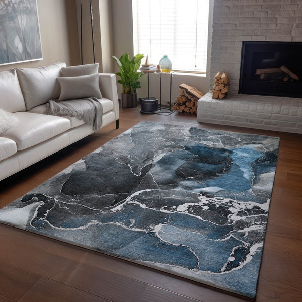 HomeRoots 10' X 14' Blue & Charcoal Abstract Washable Area Rug - UV Protected, Stylish & Durable for Homes 646662