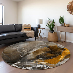 HomeRoots 8' Brown and Ivory Abstract Round Rug - Durable, Stain Resistant, UV Protected for Busy Homes 646665