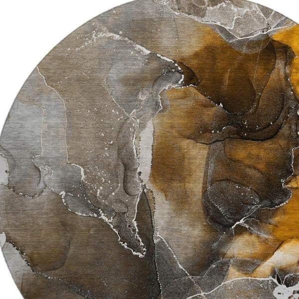 HomeRoots 8' Brown and Ivory Abstract Round Rug - Durable, Stain Resistant, UV Protected for Busy Homes 646665