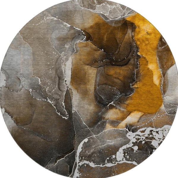 HomeRoots 8' Brown and Ivory Abstract Round Rug - Durable, Stain Resistant, UV Protected for Busy Homes 646665