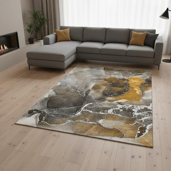 HomeRoots 8' X 10' Brown And Ivory Abstract Washable Area Rug with UV Protection for High-Traffic Homes 646666