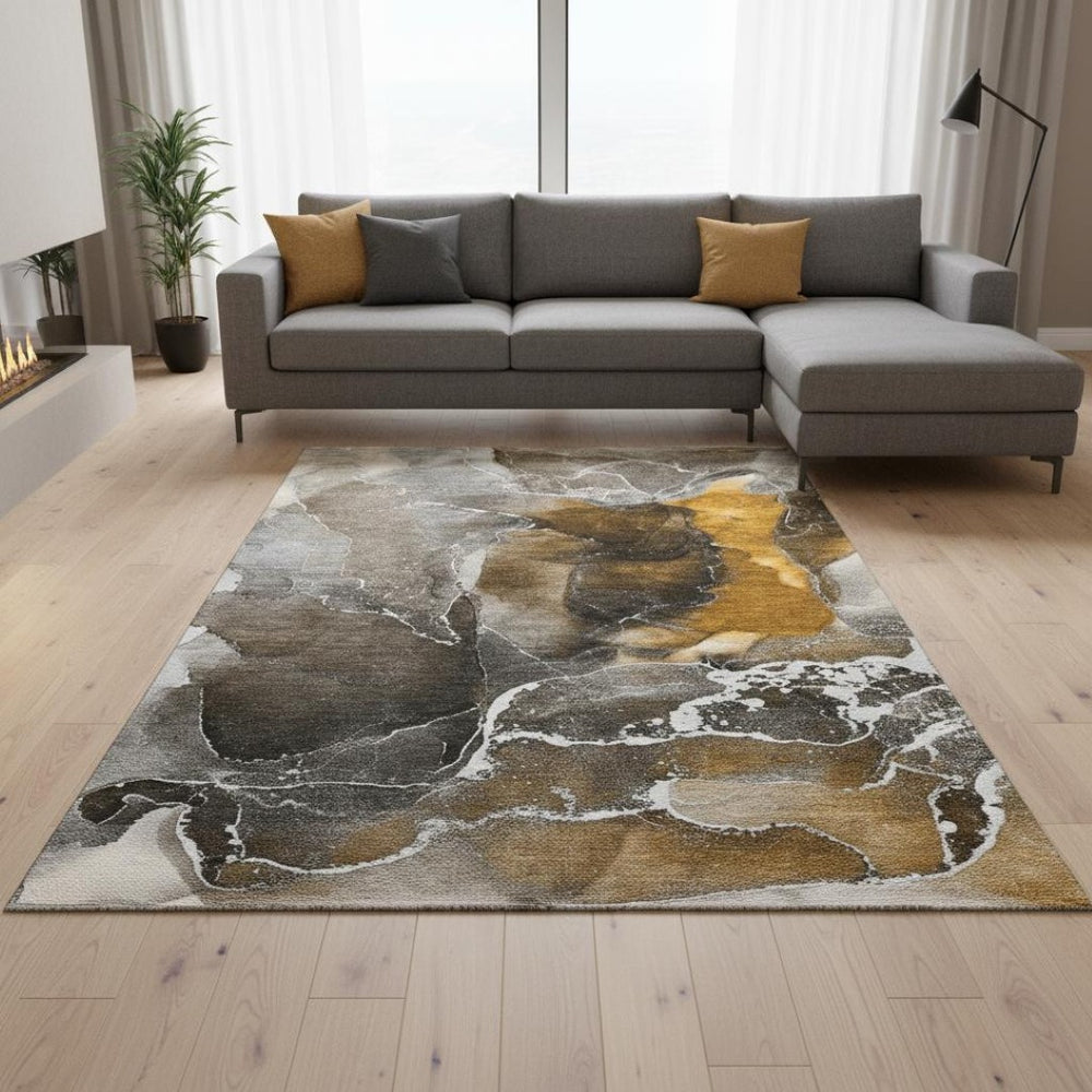 HomeRoots 8' X 10' Brown And Ivory Abstract Washable Area Rug with UV Protection for High-Traffic Homes 646666