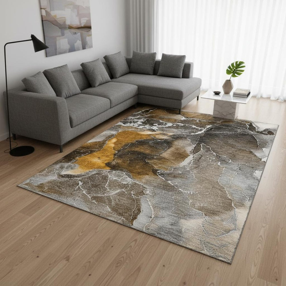 HomeRoots 9' X 12' Brown And Ivory Abstract Area Rug - Washable, UV Protected, Stylish & Durable for Any Space 646667