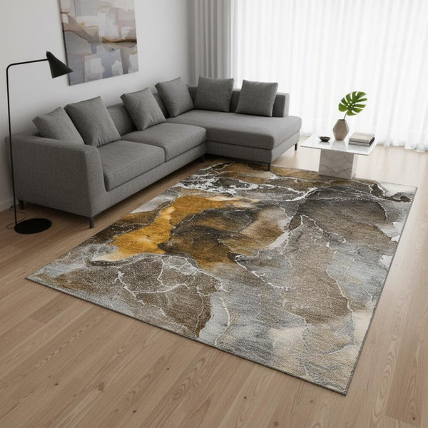 HomeRoots 9' X 12' Brown And Ivory Abstract Area Rug - Washable, UV Protected, Stylish & Durable for Any Space 646667