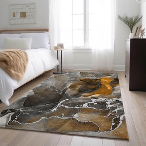 HomeRoots 9' X 12' Brown And Ivory Abstract Area Rug - Washable, UV Protected, Stylish & Durable for Any Space 646667