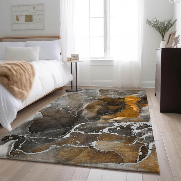 HomeRoots 10' X 14' Brown And Ivory Abstract Area Rug – Stylish, Durable, Washable with UV Protection for Homes 646668