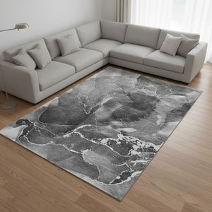 HomeRoots 8' X 10' Gray And Ivory Abstract Washable Area Rug – Durable, Stylish, Stain-Resistant & UV Protected 646672